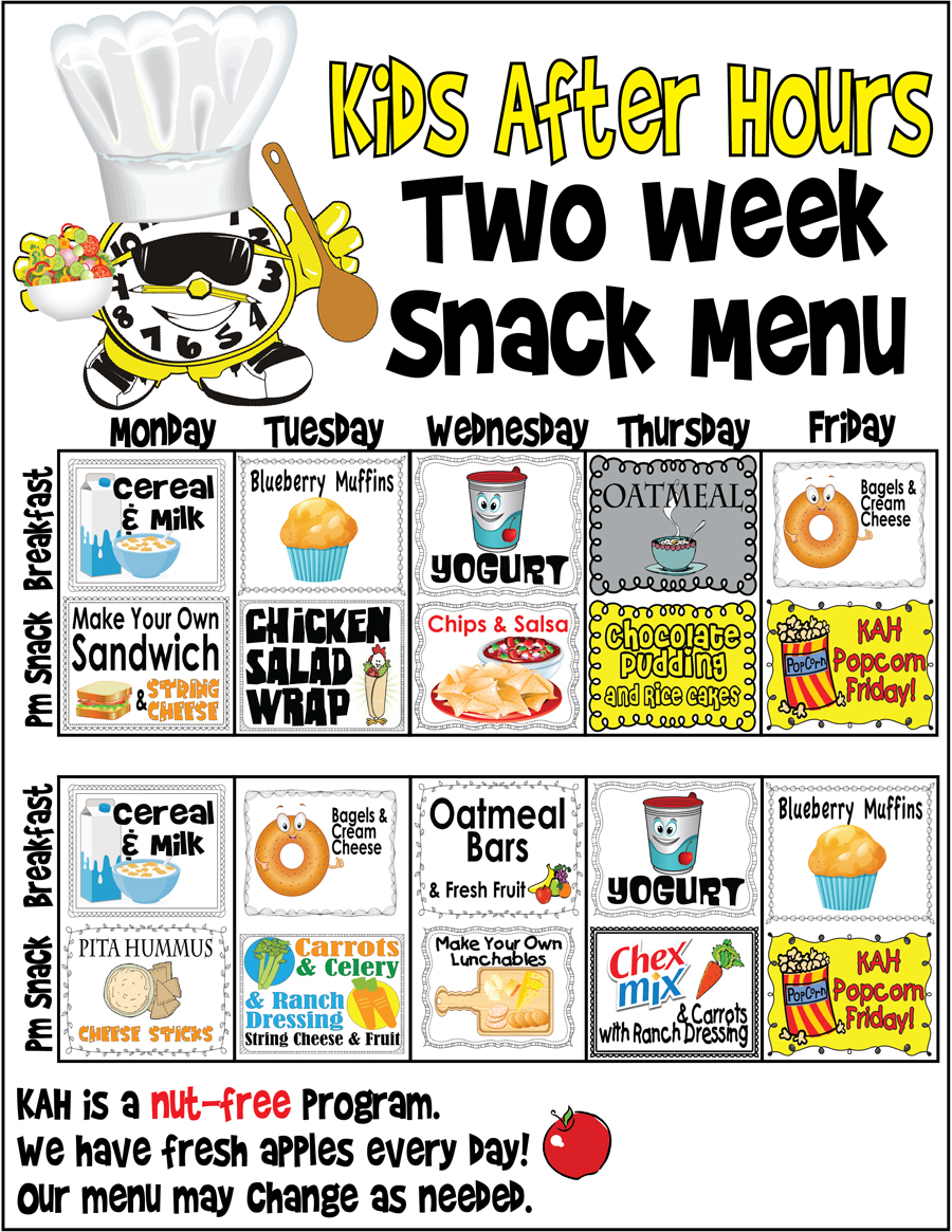 Kids After Hours Sample Breakfast And Snack Menu Kids After Hours